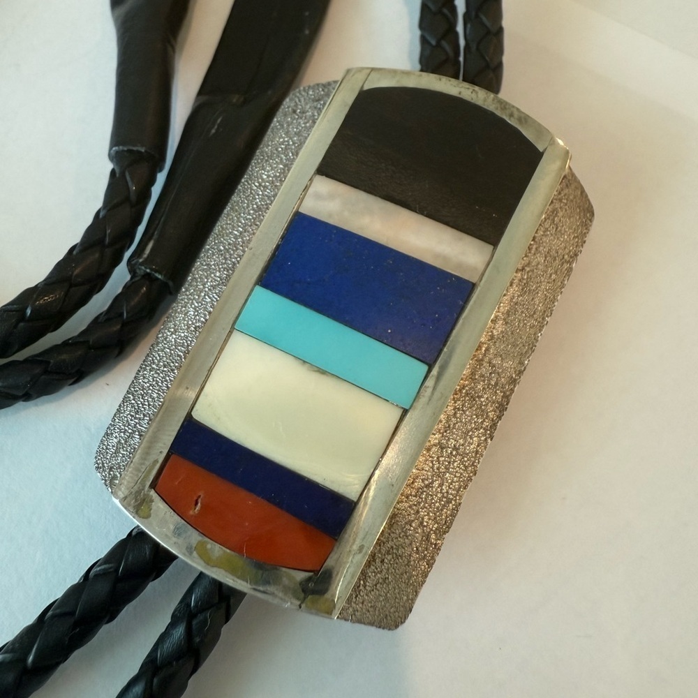 Tony Sanchez Sterling Silver Inlay Bolo Tie Turquoise Lapis Coral